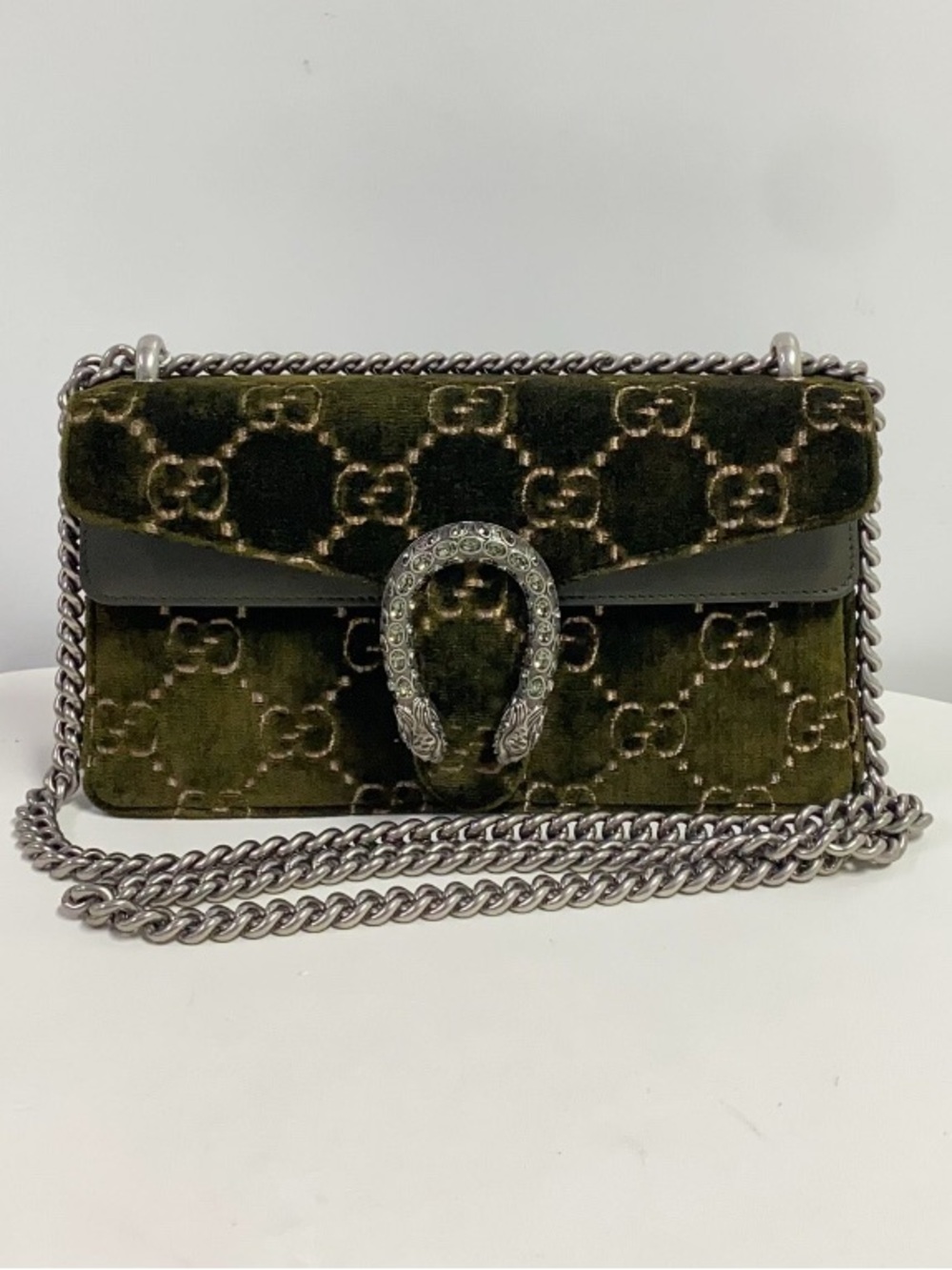 Gucci Dark Olive Velvet Dionysus Chain Crossbody Bag